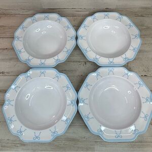 4 Shabby Chic Melamine Blue Ribbon Bows Serving Salad Pasta Bowls 9.5" Rimmed